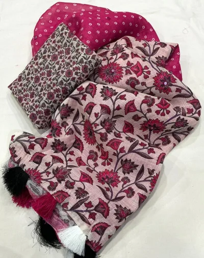 Floral Linen Printed Saree - Rani Pink